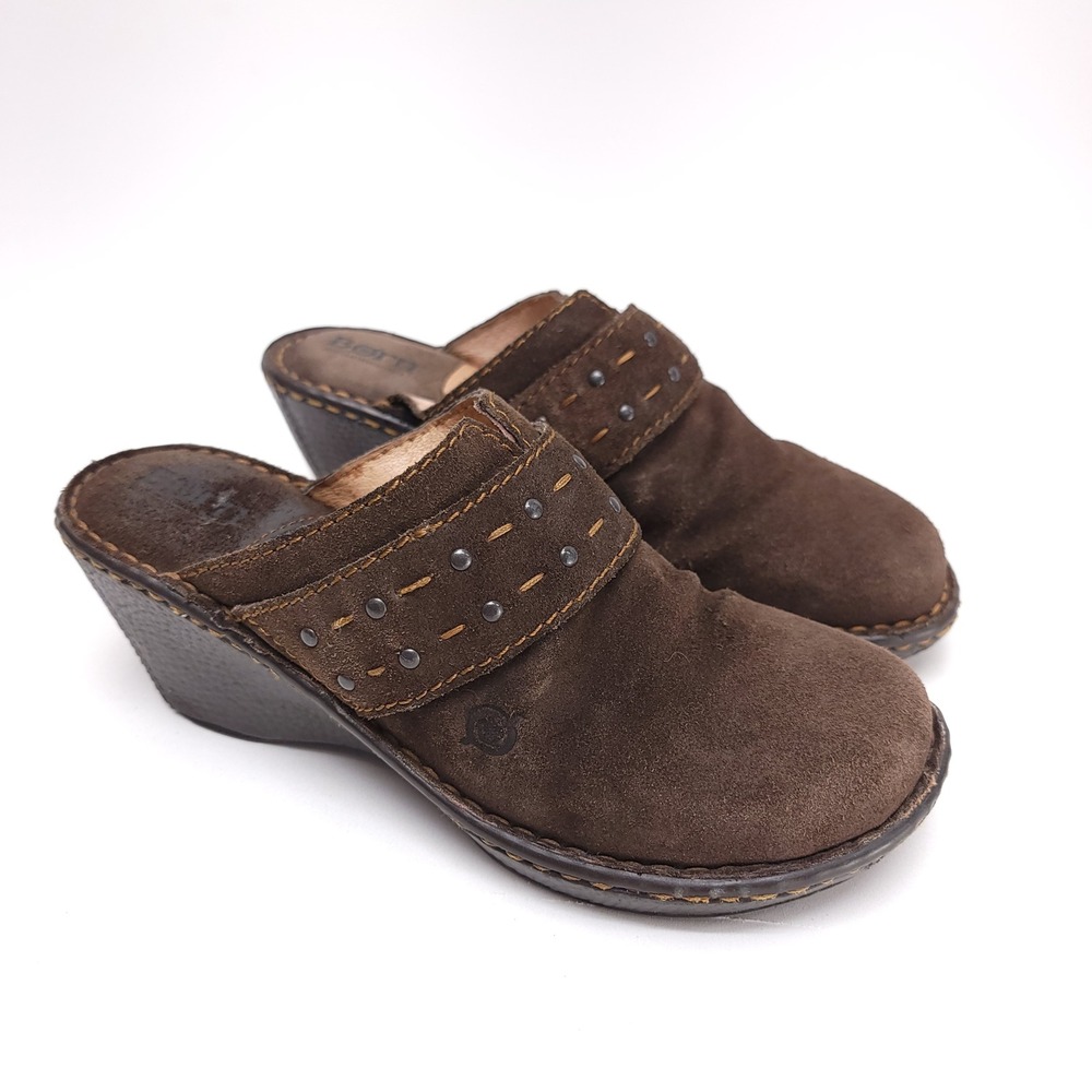 Born‎ Brown Suede Wedge Clogs Womens 8 Studded Slip On Mules W91750 CIG13